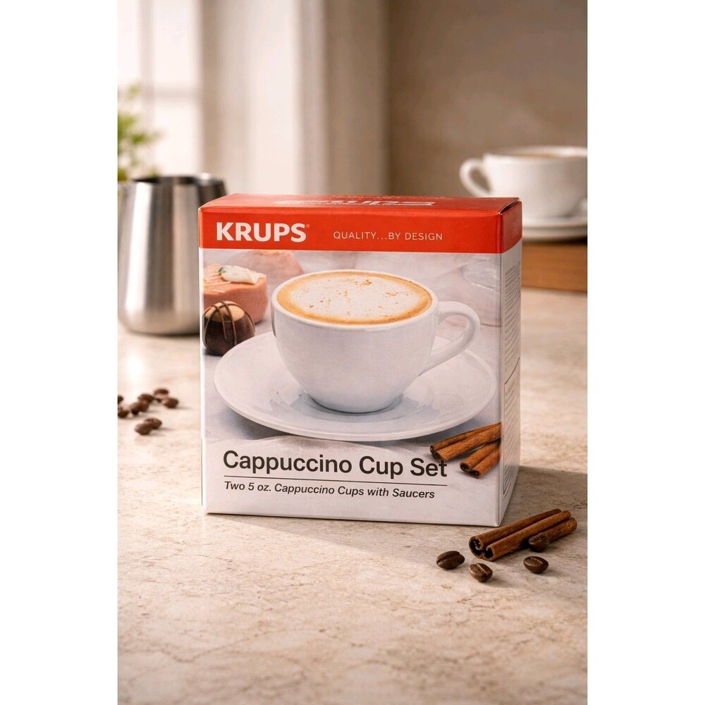 Krups Stoneware Cappucino Cup and Saucer Set of 2 White NIB
